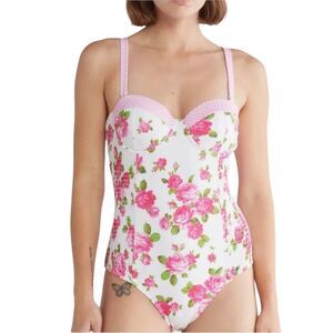 Betsey Johnson Love Always Betsy floral roses one‎ piece smocked swimsuit New M